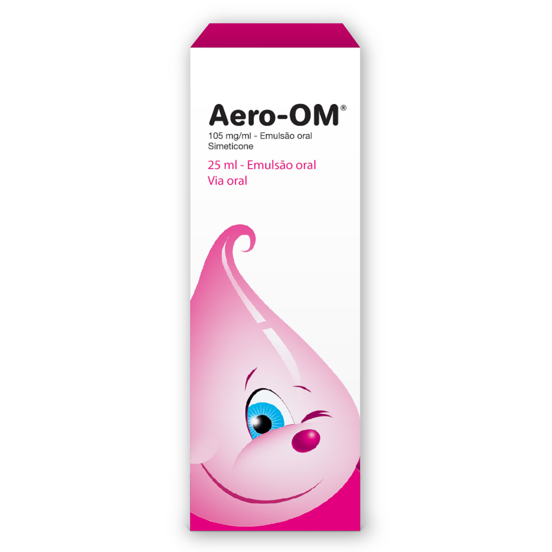 "Imagem da embalagem do produto Aero-OM, uma emulsão oral de 105 mg/ml de simeticona, com 25 ml. A embalagem apresenta um design colorido com uma gota sorridente e um olho azul, destacando o nome do produto e informações sobre sua utilização."