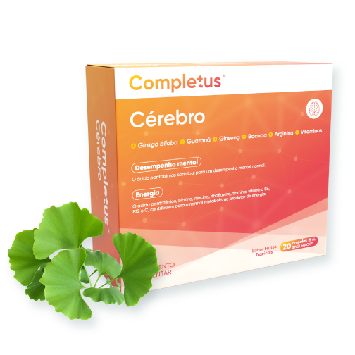 Caixa do suplemento alimentar Completus Cérebro, destacando ingredientes como Ginkgo biloba, Guaraná, Ginseng, Bacopa, Arginina e Vitaminas, com folha de Ginkgo biloba ao lado. A embalagem enfatiza benefícios para desempenho mental e energia.