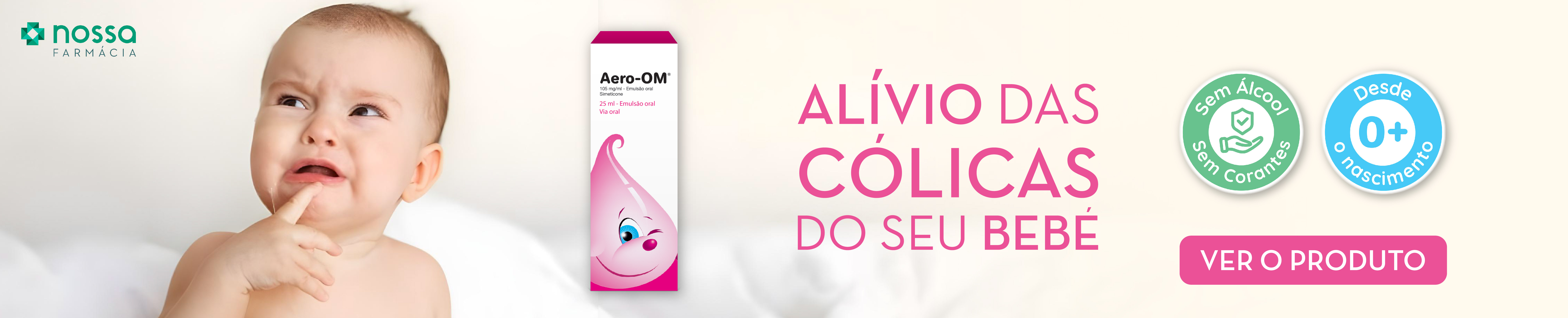 "Banner promocional de um produto farmacêutico para bebês chamado Aero-OM, destacando o alívio de cólicas infantis. À esquerda, um bebê com expressão de desconforto, e à direita, a embalagem do produto. Inclui selos com as frases 'Sem álcool, sem corantes' e 'Desde o nascimento 0+'."