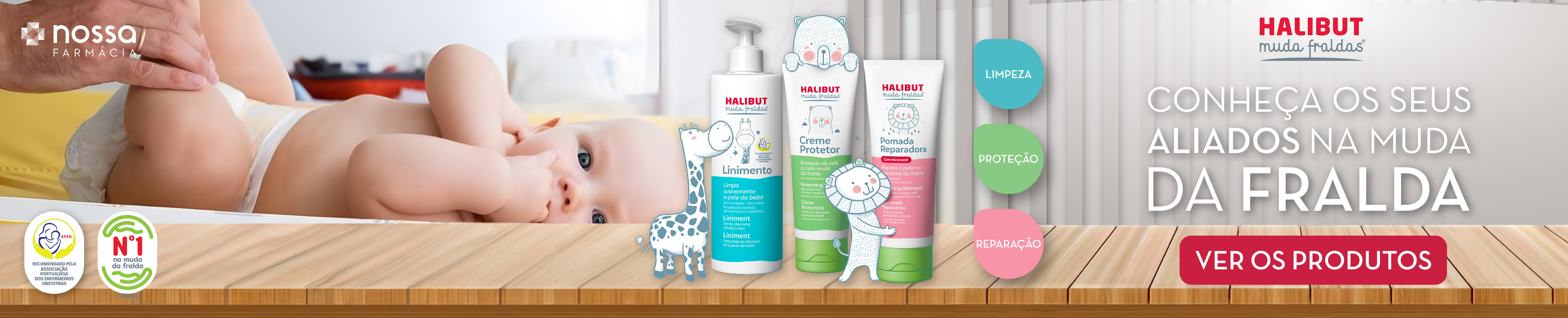 "Banner promocional da Nossa Farmácia com destaque para a linha Halibut Muda Fraldas. Mostra um bebê deitado ao fundo e os produtos Linimento, Creme Protetor e Pomada Reparadora em primeiro plano. Inclui os textos 'Conheça os seus aliados na muda da fralda' e os benefícios: limpeza, proteção e reparação. Selos indicam recomendação pela Associação Portuguesa dos Podólogos e o título de 'Nº 1 na muda da fralda'."
