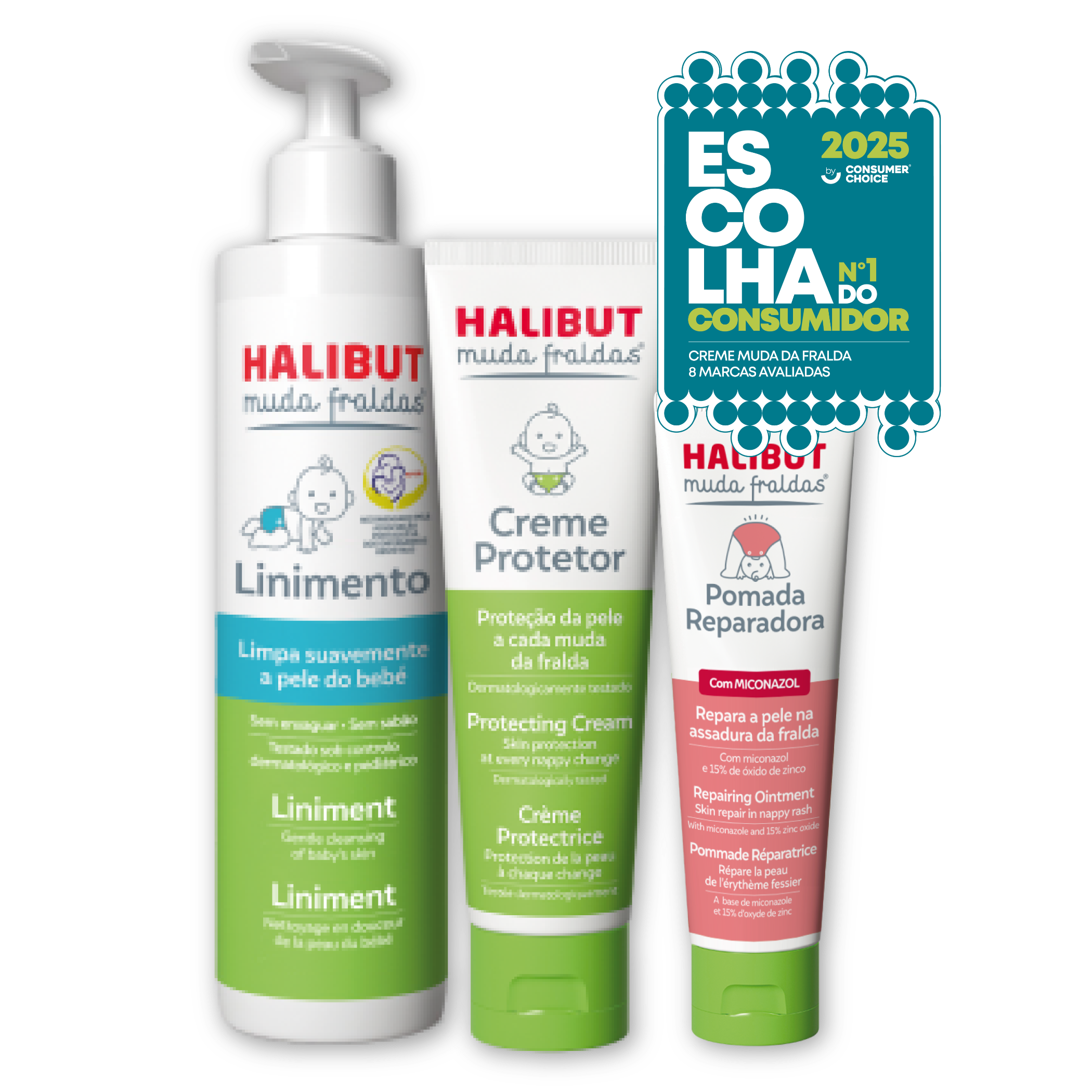Trio de produtos Halibut Muda Fraldas: Linimento para limpeza (frasco com bomba), Creme Protetor e Pomada Reparadora, com selo 'Escolha do Consumidor 2025 N°1'